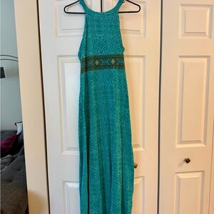 Prana Teal Patterned Halter Maxi Dress with Embroidered Waist
